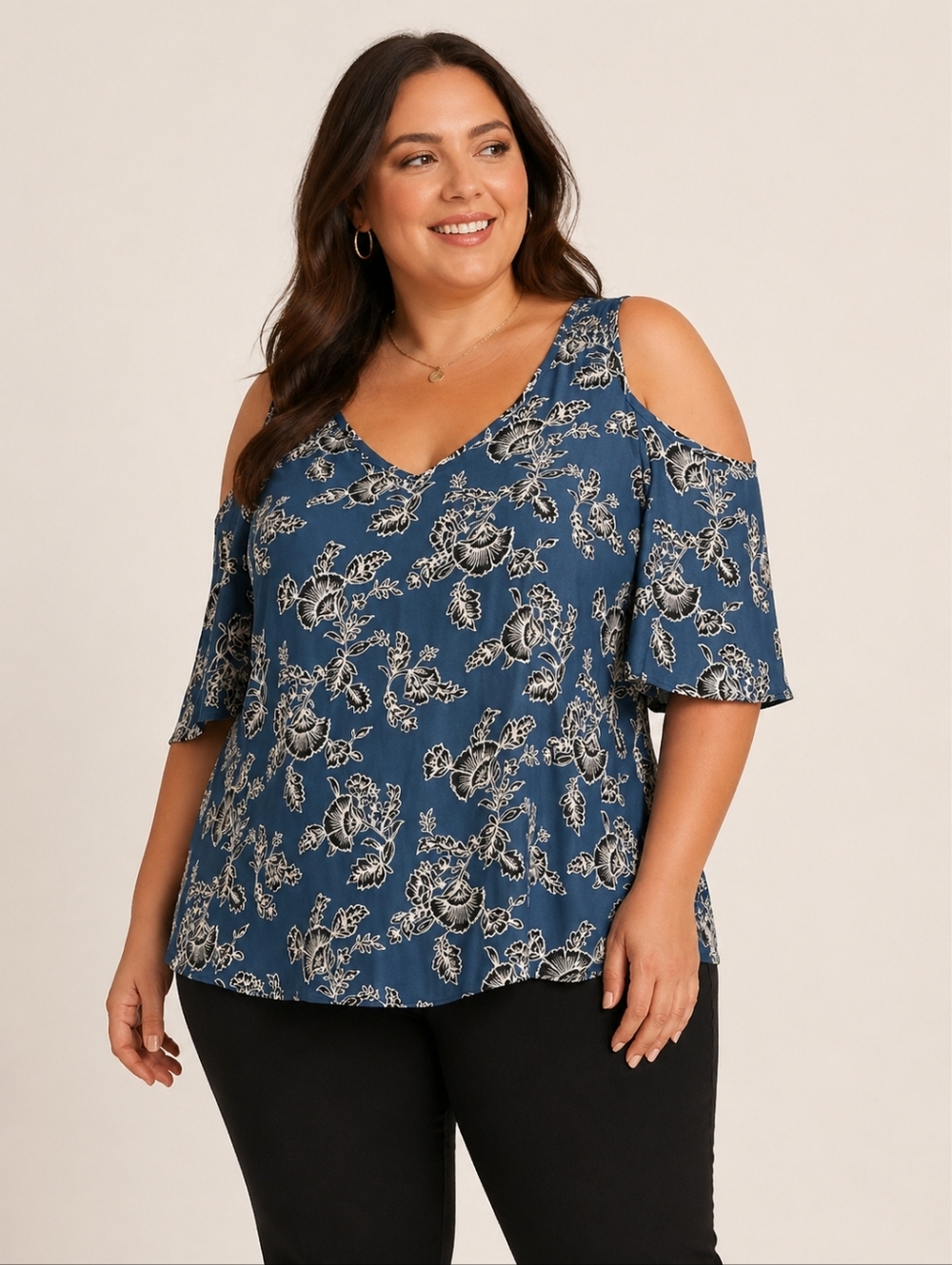 Torrid Plus Size 0 Blue Floral V-Neck Cold Shoulder Blouse